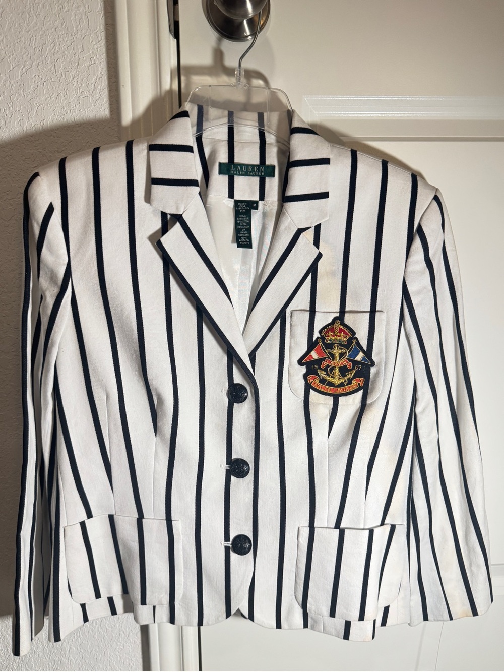 Lauren Ralph Lauren White Blazer with Navy Stripes & Crest Patch